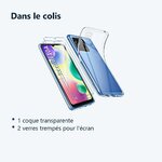 Contenu du colis – Coque Pour Xiaomi Redmi 10A Silicone Transparente + 2 Verres Trempes