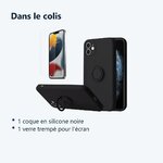 Contenu du colis – Coque Silicone Pour iPhone 12 Couleur Noir Avec Anneau Support + Verre Trempe Protection Ecran