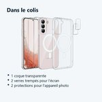 Contenu du colis – Coque MagSafe Transparente pour Samsung Galaxy S22 Plus + 2 Verres Trempés + 2 Protections Caméra –