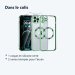 Contenu du colis – Coque Silicone Pour iPhone 14 Couleur Vert Compatible Magsafe + 2 Verres Trempe Protection Ecran