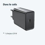 Contenu du colis – Chargeur USB-C Noir 20W pour Samsung / Xiaomi / Oppo / Sony