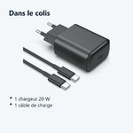 Contenu du colis – Chargeur USB-C 20W Noir + Cable pour Samsung / Xiaomi / Oppo / Sony