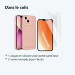 Contenu du colis – Coque Silicone avec Porte Carte Rose + 2 Verres Trempes Pour iPhone 13