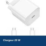 Vue de détail – Chargeur Rapide 20W USB-C pour + 2 Cables Type-C Samsung A53 / S23 / S22 / S21 / PLUS / ULTRA
