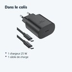 Contenu du colis – Chargeur Noir Rapide 25W + Cable USB C pour Samsung S25 / S25 Plus / S25 Ultra / S24 FE / Z Flip 6 / A16 /