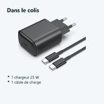 Contenu du colis – Chargeur USB-C 25W Noir + Cable pour Samsung S23 / S22 / S21 / PLUS / ULTRA