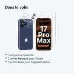 Contenu du colis – Coque Silicone Transparente + Verres Trempes et Protections Camera Arriere Transparent X2 Pour iPhone 17 P