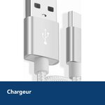 Vue de détail – Câble Metal Nylon Renforcé Chargeur USB/Type C Longueur 2m Couleur Argent Compatible Samsung LG Sony Wiko Bla