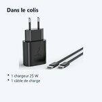 Contenu du colis – Chargeur Noir Rapide 25W + Cable USB C pour iPhone 17 / 16 / 16e / 15 / Pro / Plus / Pro Max / Air -