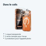 Contenu du colis – Coque Silicone Transparente Compatible Magsafe + 2x Verres Trempes et Protections Camera Arriere Pour iPho