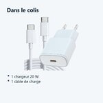 Contenu du colis – Chargeur Blanc Rapide 20W + Cable USB C pour iPhone 17 / 16 / 16e / 15 / Pro / Plus / Pro Max / Air -