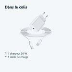 Contenu du colis – Chargeur Rapide 30W + Cable USB-C Blanc pour iPhone 17 / 16 / 16e / 15 / Pro / Plus / Pro Max / Air -