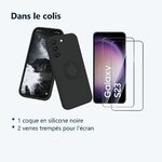 Contenu du colis – Coque Silicone Pour Samsung S23 5G Couleur Noir Avec Anneau Support + 2 Verres Trempe Protection Ecran