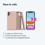 Contenu du colis – Coque Silicone Pour iPhone 11 Couleur Rose Protection Objectif Appareil Photo + 2 Verres Trempe Protection
