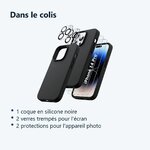 Contenu du colis – Coque Silicone Noir + Verres Trempes et Protections Camera Arriere X2 Pour iPhone 14 Pro