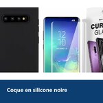 Vue de détail – Coque Souple Silicone Pour Samsung Galaxy S10 Plus Noir + Verre Trempé Anti chocs et Rayures Vitre de Protect