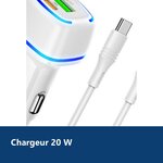 Vue de détail – Chargeur voiture USB + Type C - QC 3.0 PD 20W 3A pour Xiaomi / Oppo / Realme / Vivo