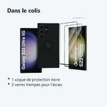 Contenu du colis – Coque avec Anneau Couleur Noir + 2 Verres Trempes Pour Samsung Galaxy S23 Ultra 5G