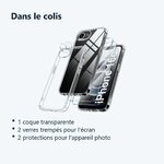 Contenu du colis – Coque Silicone Transparente + Verres Trempes et Protections Camera Arriere Transparent X2 Pour iPhone 16e