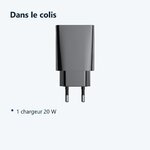 Contenu du colis – Chargeur USB-C Noir 20W pour iPhone 13 / 12 / 11 / PRO / MINI / MAX