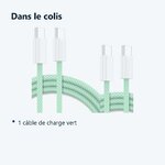 Contenu du colis – Cables X2 Type-C / Type-C Charge Rapide 3A Nylon Renforce Vert 1M Pour Smartphone Xiaomi / Oppo / Vivo / R