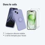 Contenu du colis – Coque Silicone Pour iPhone 15 Plus Couleur Violet Avec Anneau Support + 2 Verres Trempe Protection Ecran