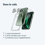 Contenu du colis – Coque Silicone Transparente Angles Renforces + Verres Trempes et Protections Camera Arriere X2 Pour iPhone