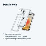 Contenu du colis – Coque Silicone Transparente + Verres Trempes et Protections Camera Arriere X2 Pour iPhone 12