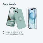 Contenu du colis – Coque Silicone Pour iPhone 15 Plus Couleur Vert Avec Anneau Support + Verre Trempe Protection Ecran
