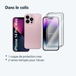 Contenu du colis – Coque Metal couleur Rose + 2 Verres Trempes Pour iPhone 14 Pro Max