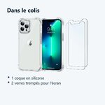 Contenu du colis – Coque Silicone Transparent 4 Coins Renforces Pour iPhone 13 + 2 Verres Trempes