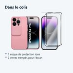 Contenu du colis – Coque Cam Slide couleur Rose + 2 Verres Trempes Pour iPhone 14 Pro