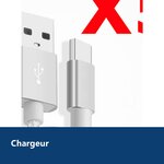 Vue de détail – X5 Câble Metal Nylon Renforcé Chargeur USB/Type C 1,5m Tréssé Couleur Argent Compatible Samsung LG Sony Wiko