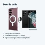 Contenu du colis – Coque Silicone Transparente Compatible Magsafe + Verre Trempes et Protection Camera Arriere Pour Samsung G