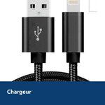 Vue de détail – Cable Metal Nylon Renforce Chargeur USB Couleur Noir pour IPhone Longueur 2m Tréssé Compatible IPhone 5s/6/6S