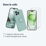 Contenu du colis – Coque Silicone Pour iPhone 15 Pro Max Couleur Vert Avec Anneau Support + 2 Verres Trempe Protection Ecran