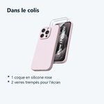 Contenu du colis – Coque Pour iPhone 15 Pro Max Silicone Rose + 2 Verres Trempes