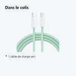 Contenu du colis – Cable Type-C Charge Rapide 3A Nylon Renforce Vert 1m Pour iPhone 8 / X / XR / 11 / 12 / 13 / SE 2022