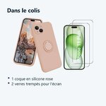 Contenu du colis – Coque Silicone Pour iPhone 15 Plus Couleur Rose Avec Anneau Support + 2 Verres Trempe Protection Ecran
