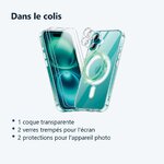 Contenu du colis – Coque Silicone Transparente Compatible Magsafe + Verres Trempes et Protections Camera Arriere X2 Pour iPho
