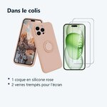 Contenu du colis – Coque Silicone Pour iPhone 15 Pro Max Couleur Rose Avec Anneau Support + 2 Verres Trempe Protection Ecran