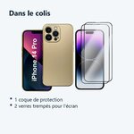 Contenu du colis – Coque Metal couleur Or + 2 Verres Trempes Pour iPhone 14 Pro