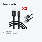 Contenu du colis – X3 Câble Metal Nylon Renforcé Chargeur USB/Type C Longueur 2m Couleur Noir Compatible Samsung LG Sony Wiko