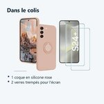 Contenu du colis – Coque Silicone Pour Samsung Galaxy S24 Plus Couleur Rose Avec Anneau Support + 2 Verres Trempe Protection
