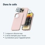 Contenu du colis – Coque Silicone Rose + Verres Trempes et Protections Camera Arriere X2 Pour iPhone 14 Pro Max