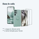 Contenu du colis – Coque Silicone Pour Samsung Galaxy S24 Ultra Couleur Vert Avec Anneau Support + 2 Verres Trempe Protection