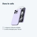Contenu du colis – Coque Silicone Violet + 2 Verres Trempes Pour iPhone 15 Pro