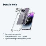 Contenu du colis – Coque Silicone Transparente Angles Renforces + Verres Trempes et Protections Camera Arriere X2 Pour iPhone
