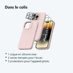 Contenu du colis – Coque Silicone Rose + Verres Trempes et Protections Camera Arriere X2 Pour iPhone 14 Pro