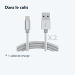 Contenu du colis – Cable Nylon Renforce Longeur 2M Couleur Argent X2 Pour iPhone SE 2020 / X / Xr / 11 / 12